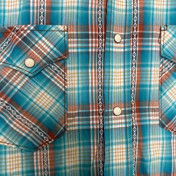 Rough Stock Panhandle Slim Shirt Mens Medium Pearl Snap Turquoise Brown Plaid - Picture 4 of 14